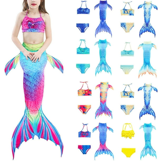 Mermaid Swimsuit for Kids Girls Swimwear Costume Swimming Bikini+Shorts+Tail Set